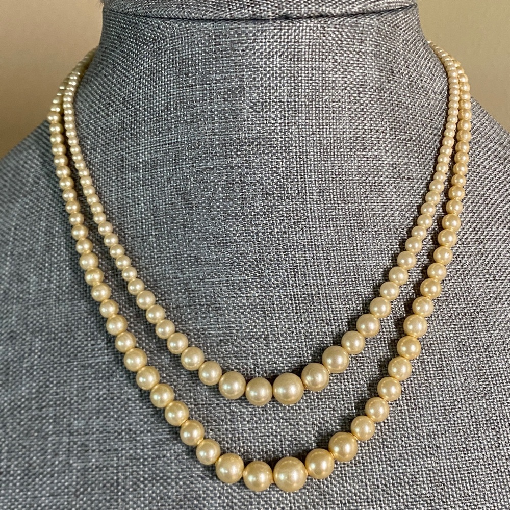 Vintage Double Strand Faux Pearl Necklace with Ornate Box Clasp – 16” Layered